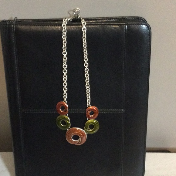 10” Silver with enamel round rust/olive swirls necklace - Picture 2 of 7